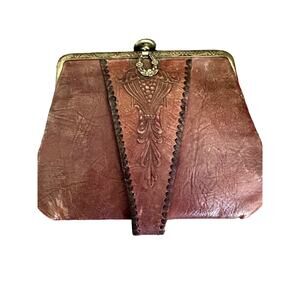 vintage • antique leather coin purse floral brass wallet bag hand tooled nouveau